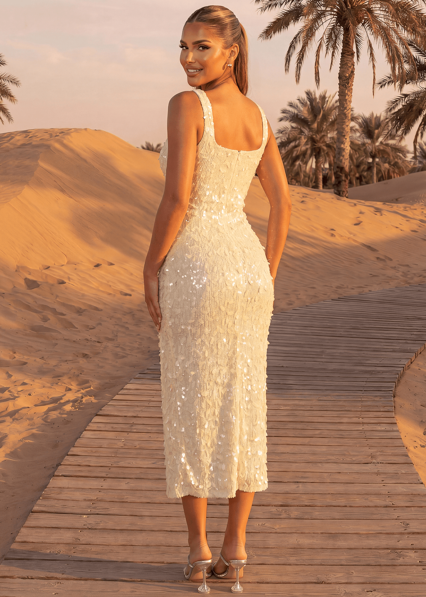 Flutter Away Sequin Midi Dress - Yellow