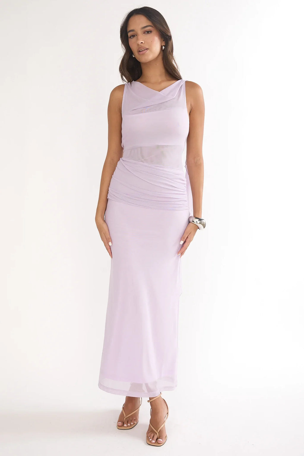 Saffra Shoulder Sash Ruched Maxi Dress Lilac
