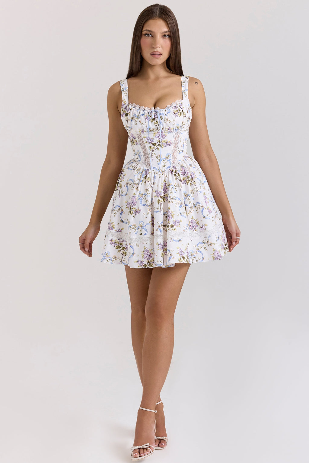 white floral ribbon print cotton mini dress