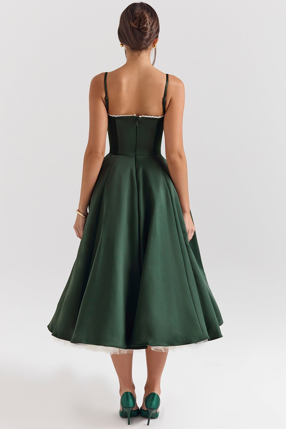 forest green satin tulle midi dress