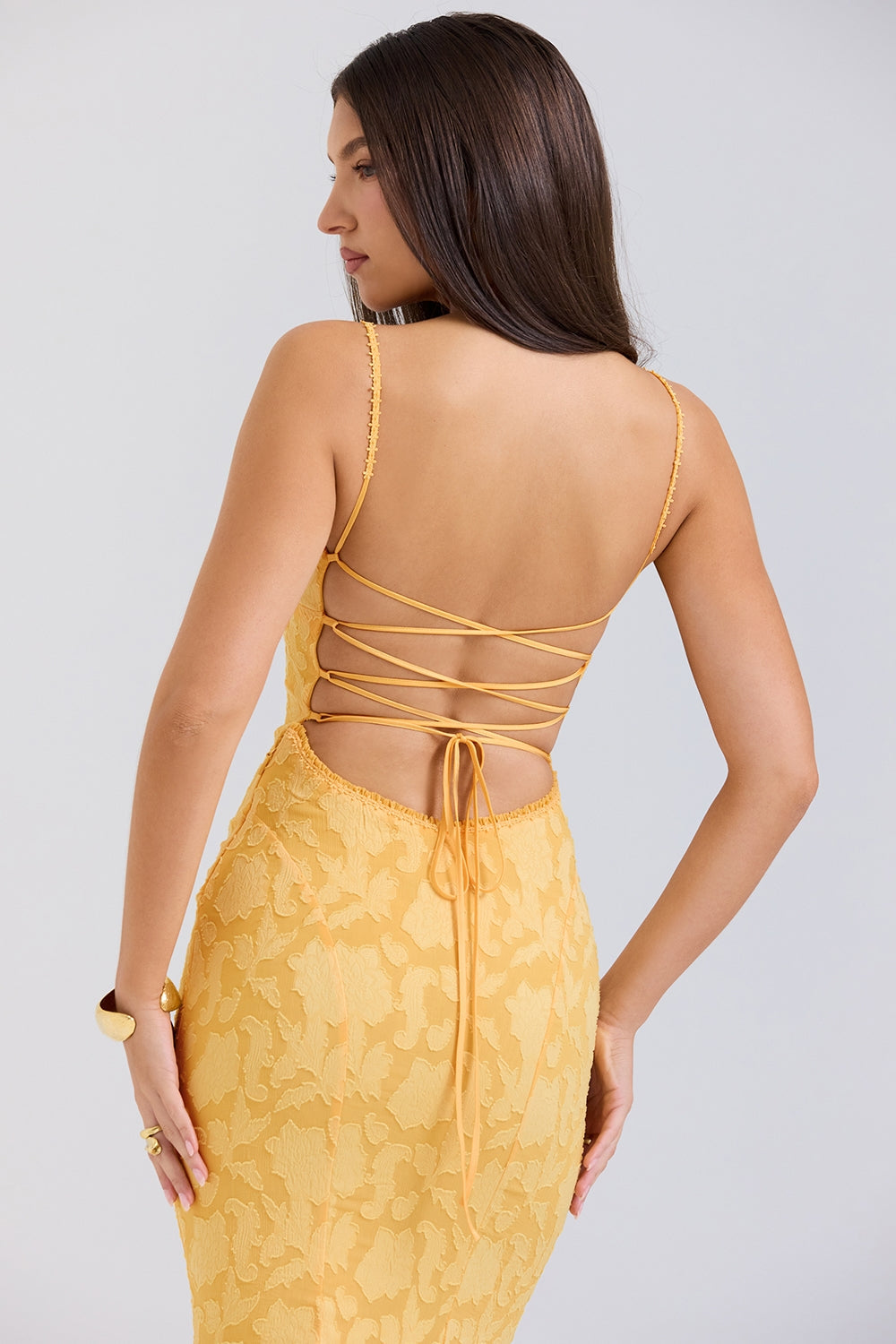 apricot lace up back maxi dress