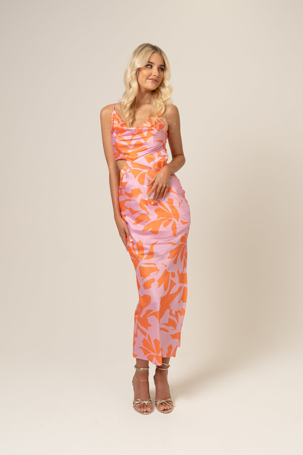 Sadie Satin Midi Dress with Waist Cut Out
