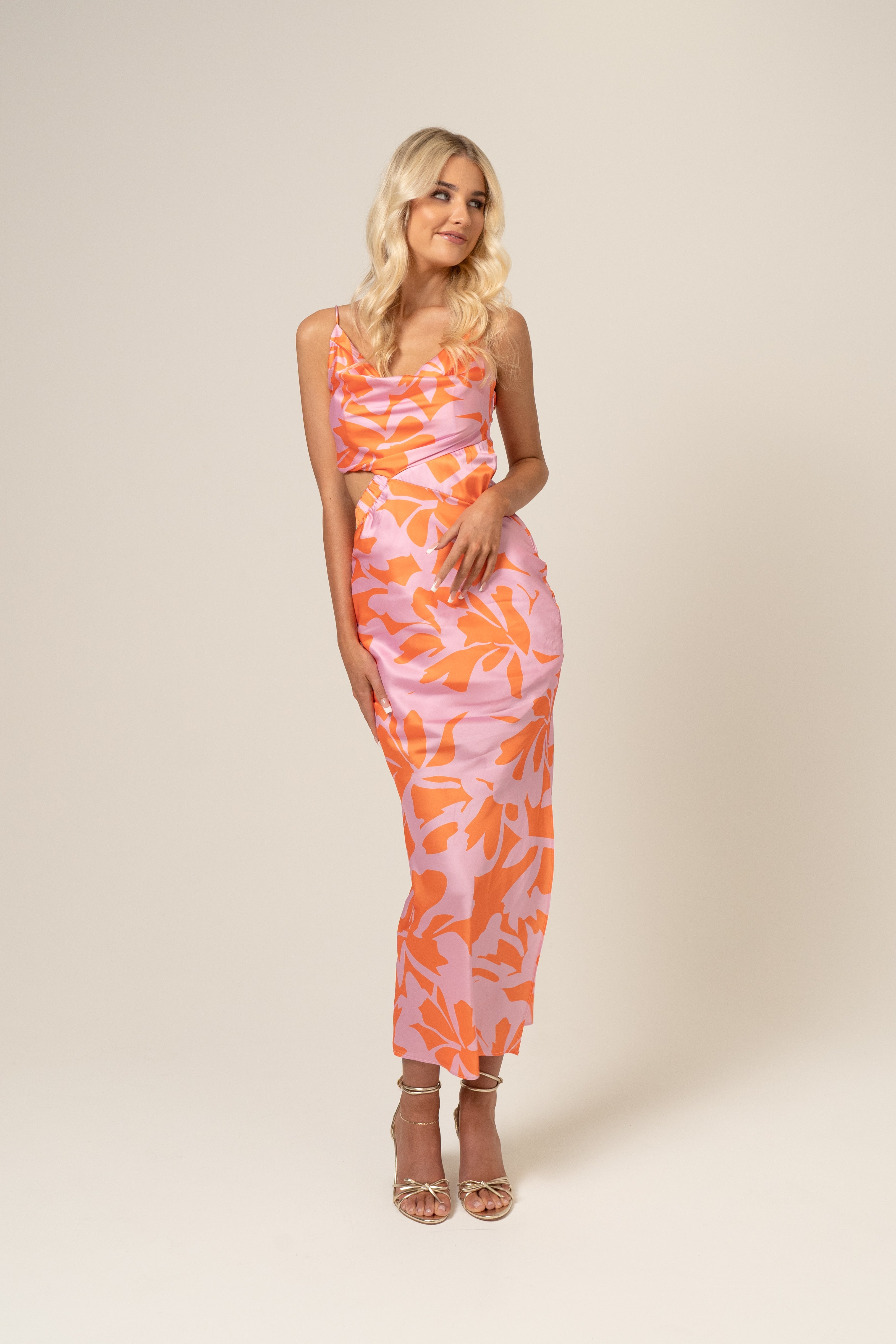 Sadie Satin Midi Dress with Waist Cut Out