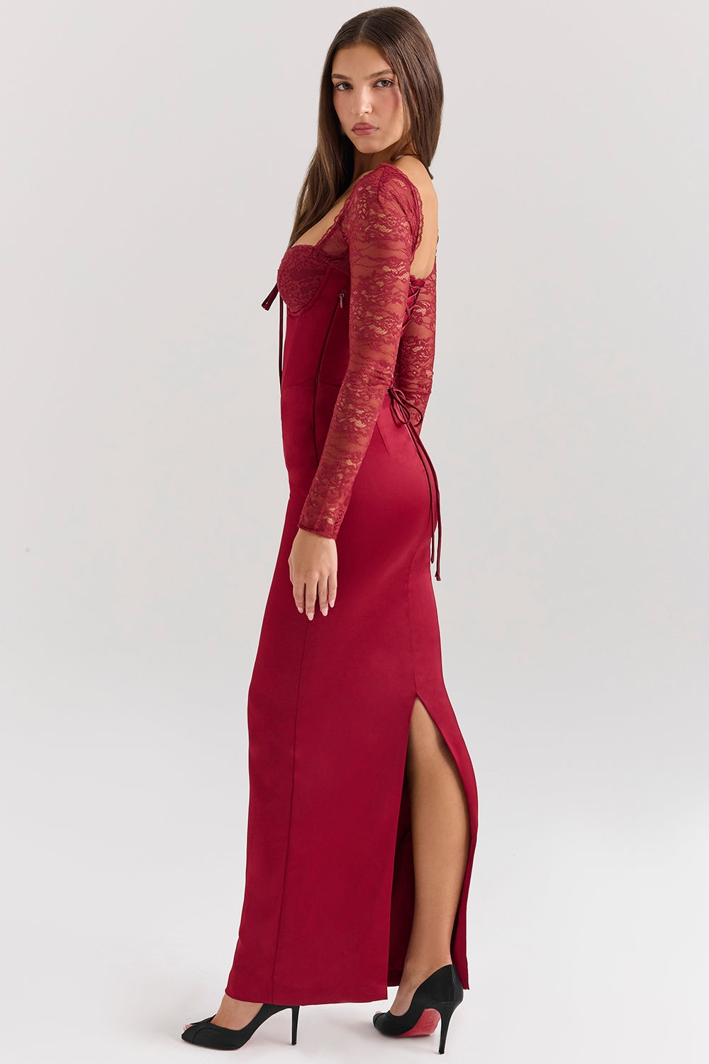berry satin maxi dress with corset