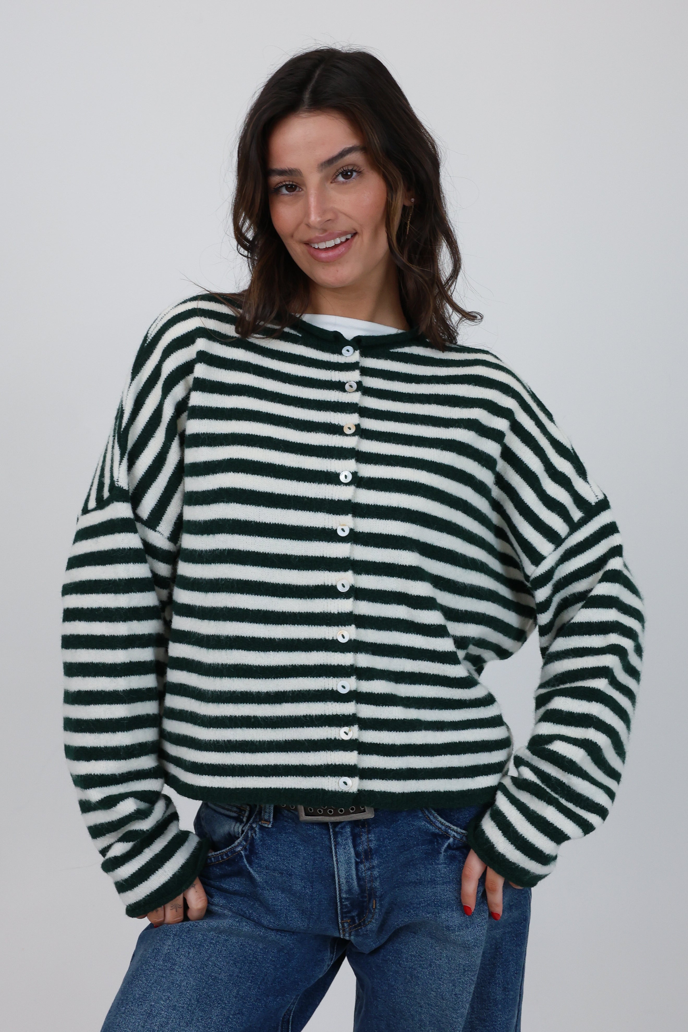 Phoebe Cardigan in Green/White Stripe
