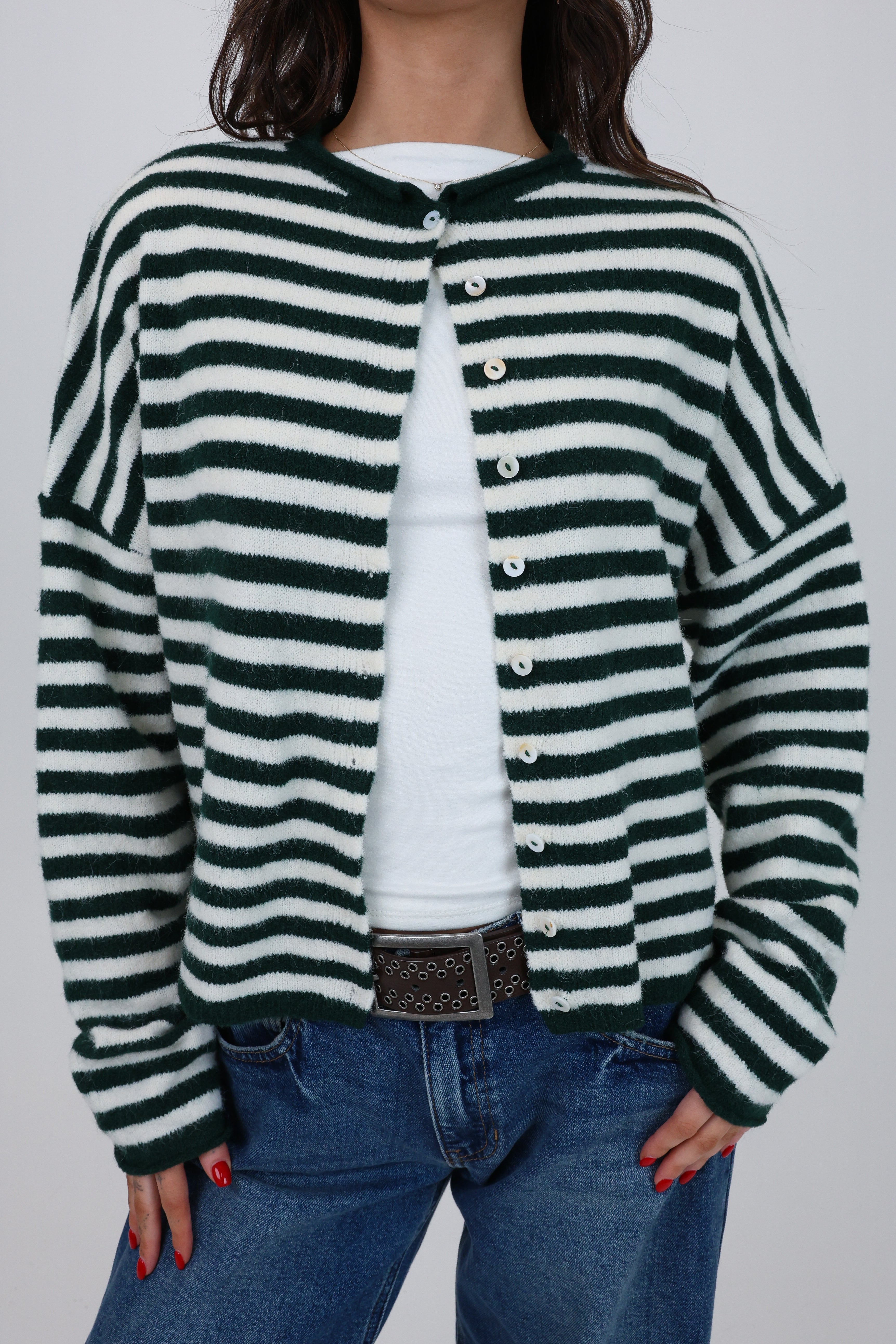Phoebe Cardigan in Green/White Stripe
