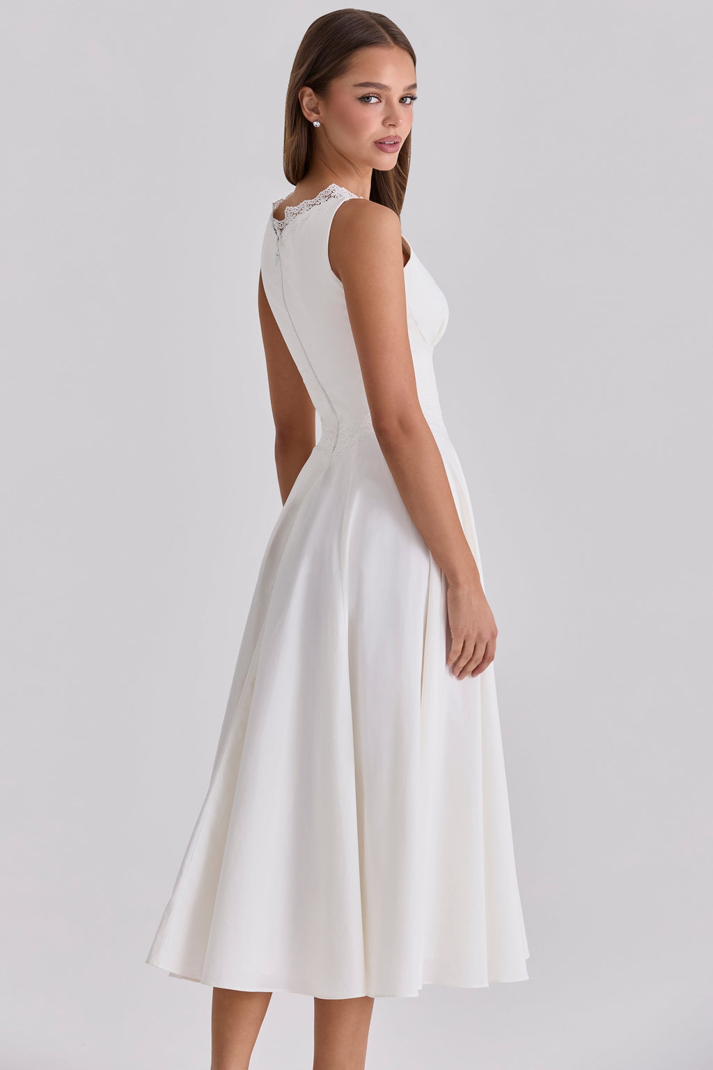 white cotton lace trim waist cinch midi dress