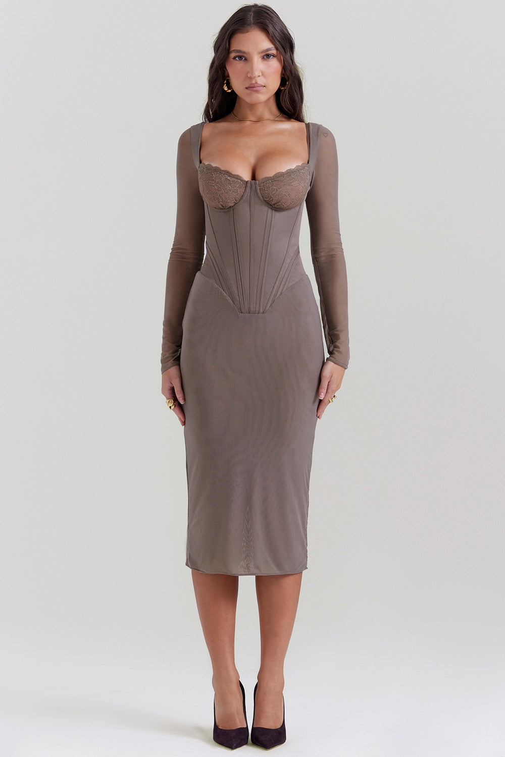 mocha corset midi dress
