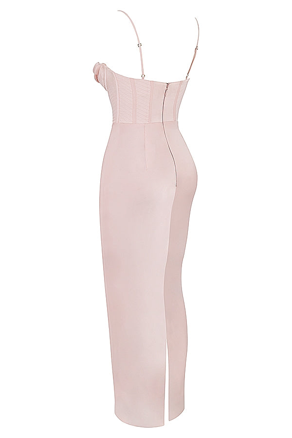 blush pink corset maxi dress