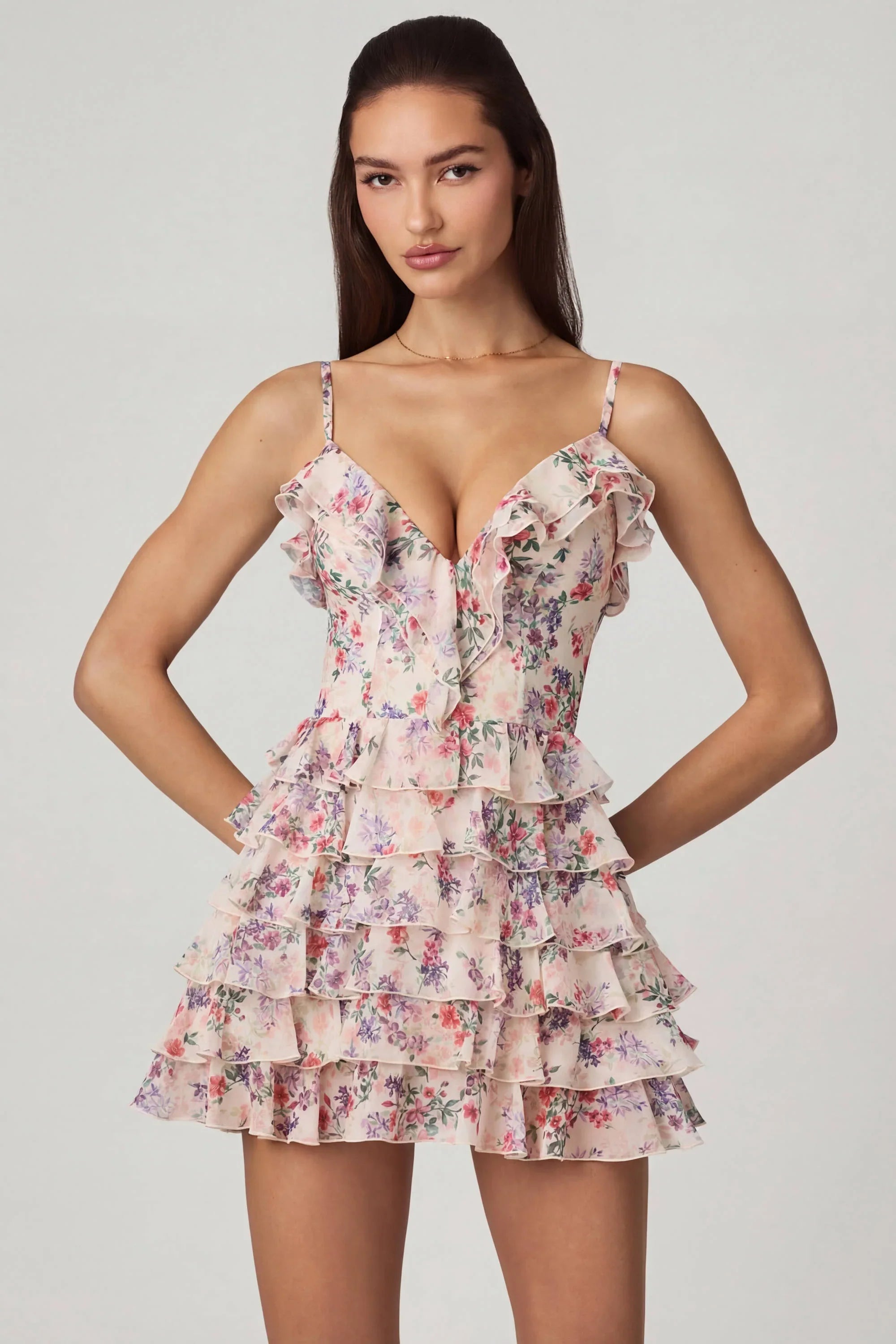 Ruffled Lace-Up A-Line Mini Dress in Primrose Floral Print