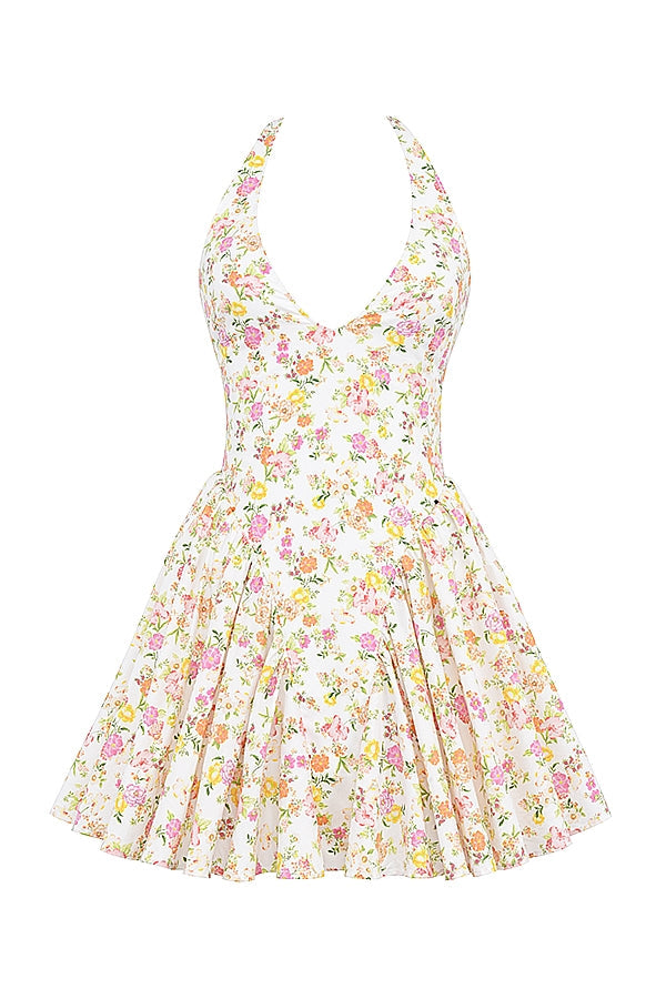 ivory meadow print cotton halter mini dress