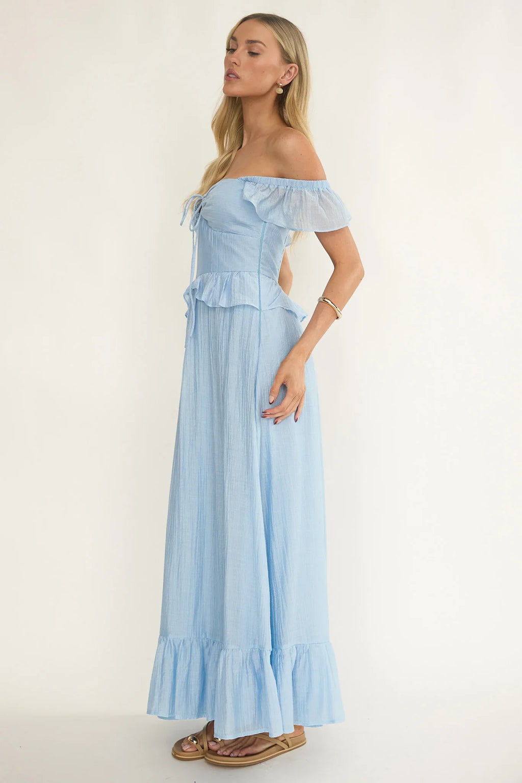 Hanalei Off-Shoulder Tied Bust Maxi Dress Light Blue