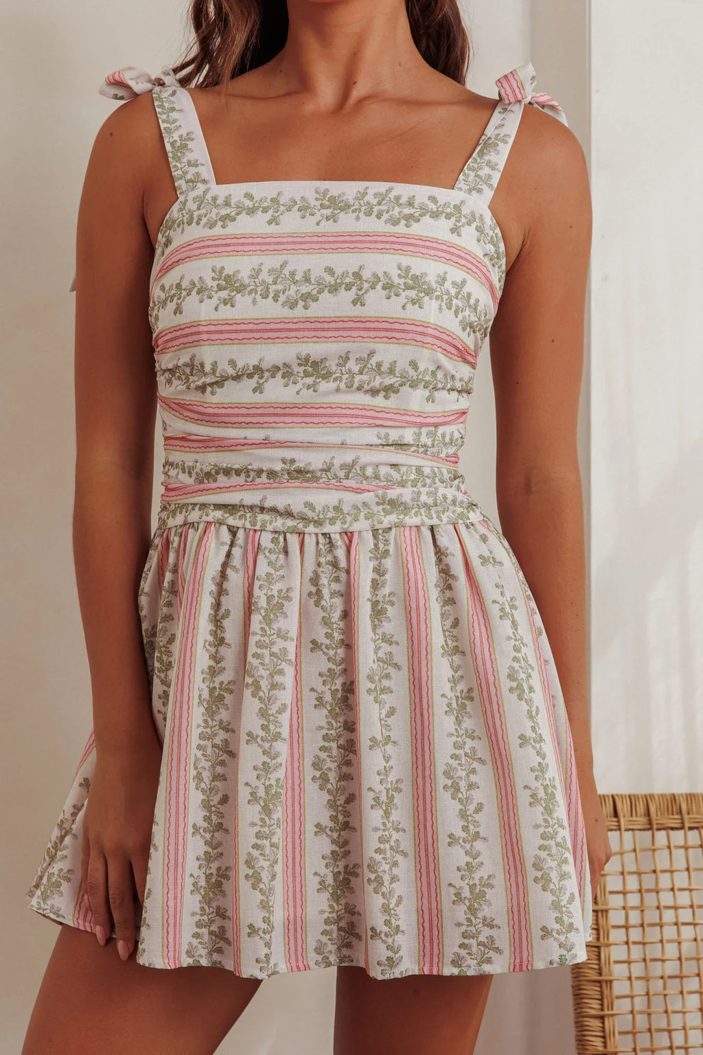 Bestie Tied Shoulder Mini Dress Floral Green