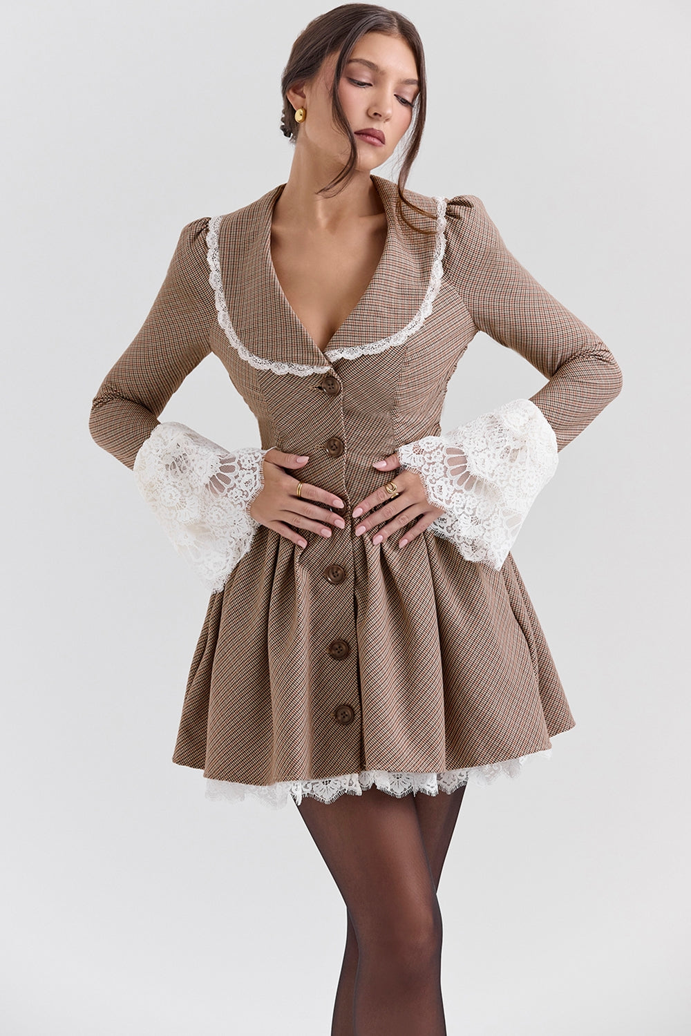 brown puppytooth check mini dress - sale