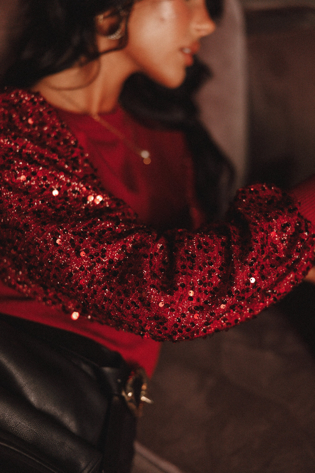 Rowan Sequin Sleeve Top - Burgundy