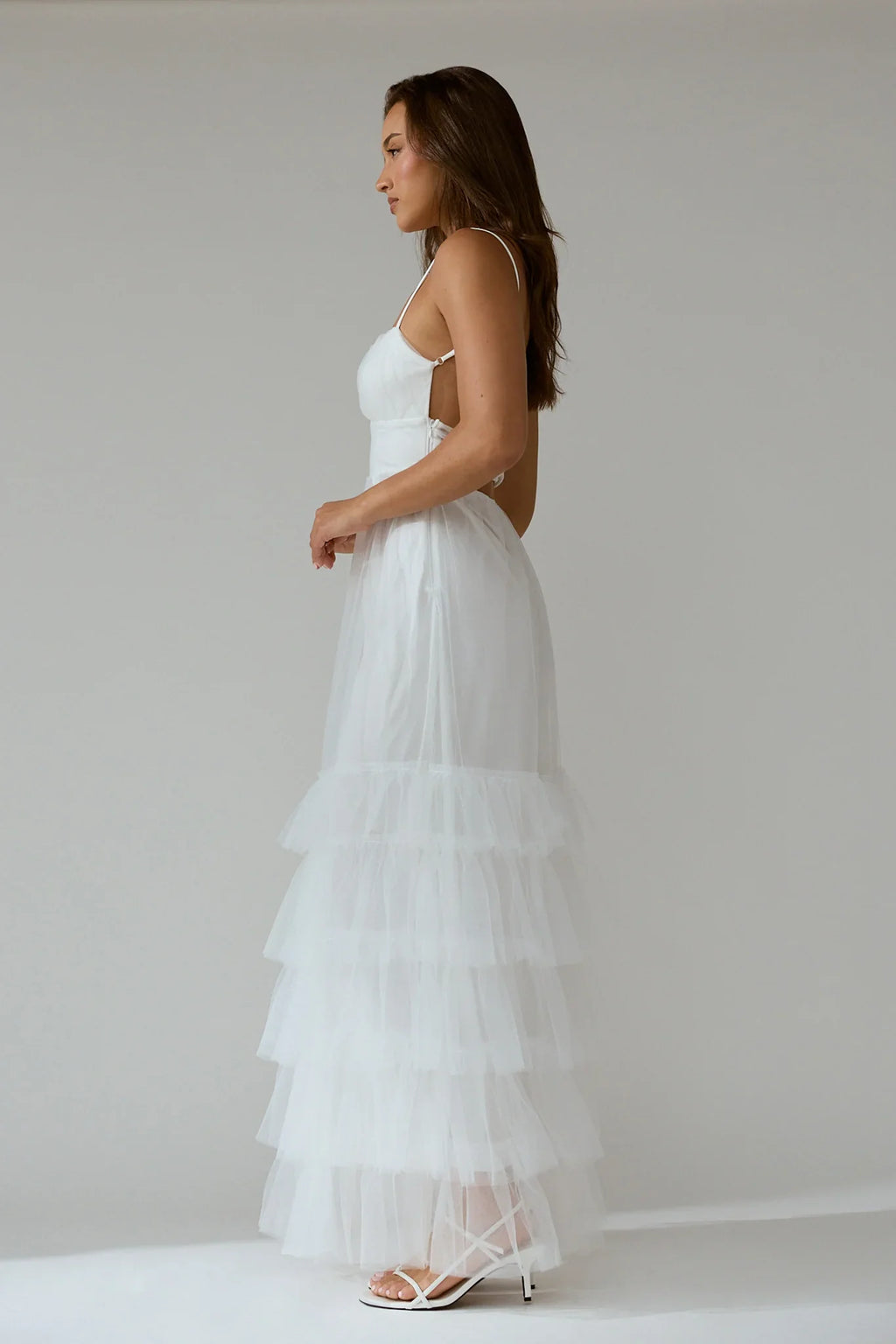 Nerida Twist Back Frill Trim Mesh Maxi Dress White