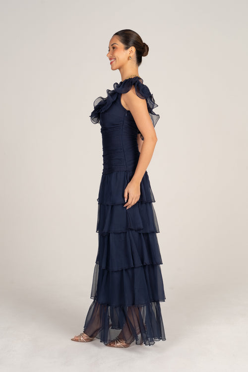 Adele Navy Tiered Dress with Ruffle Straps