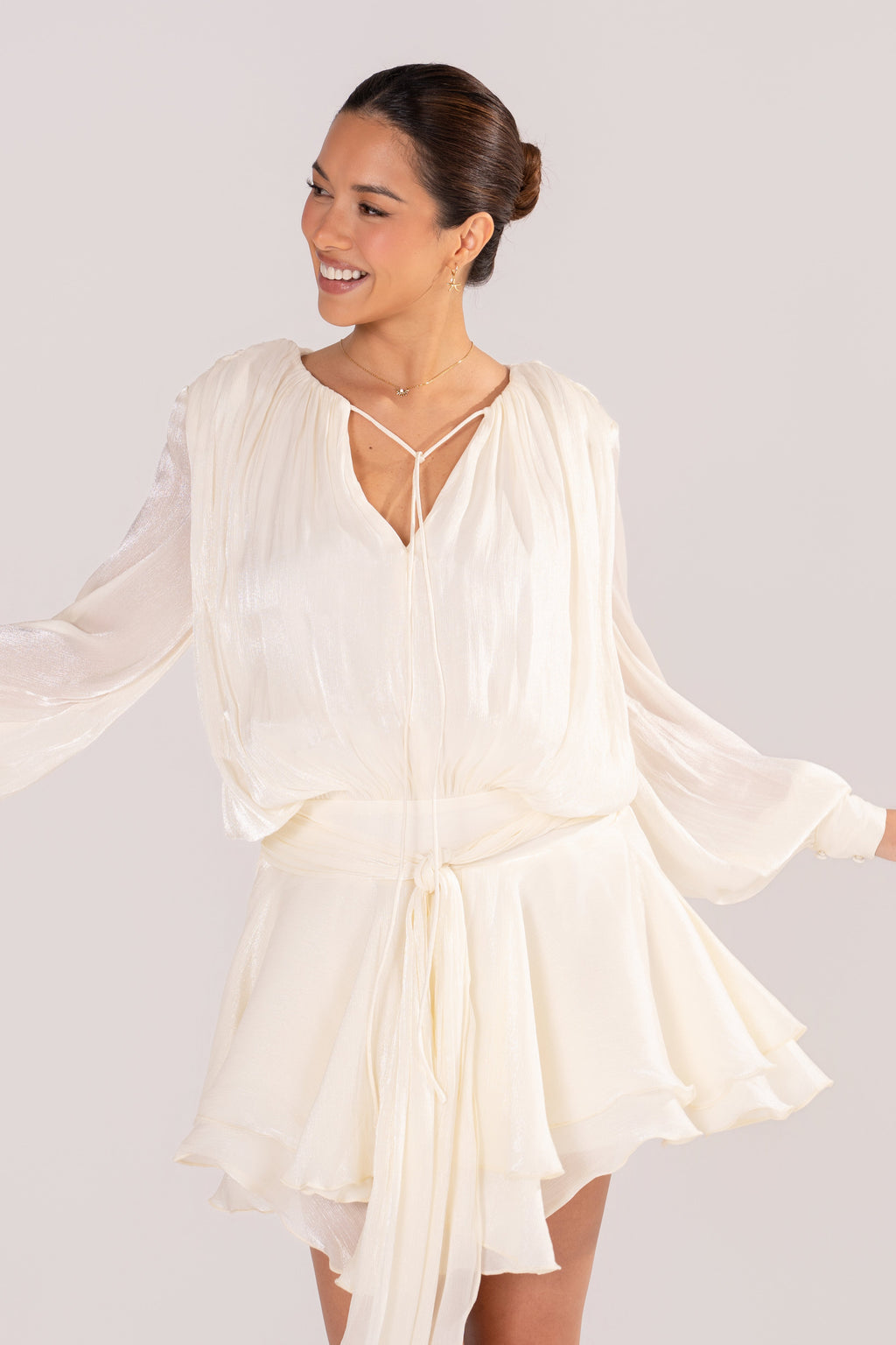 Angelique Long Sleeve Shimmery Mini Dress in Cream