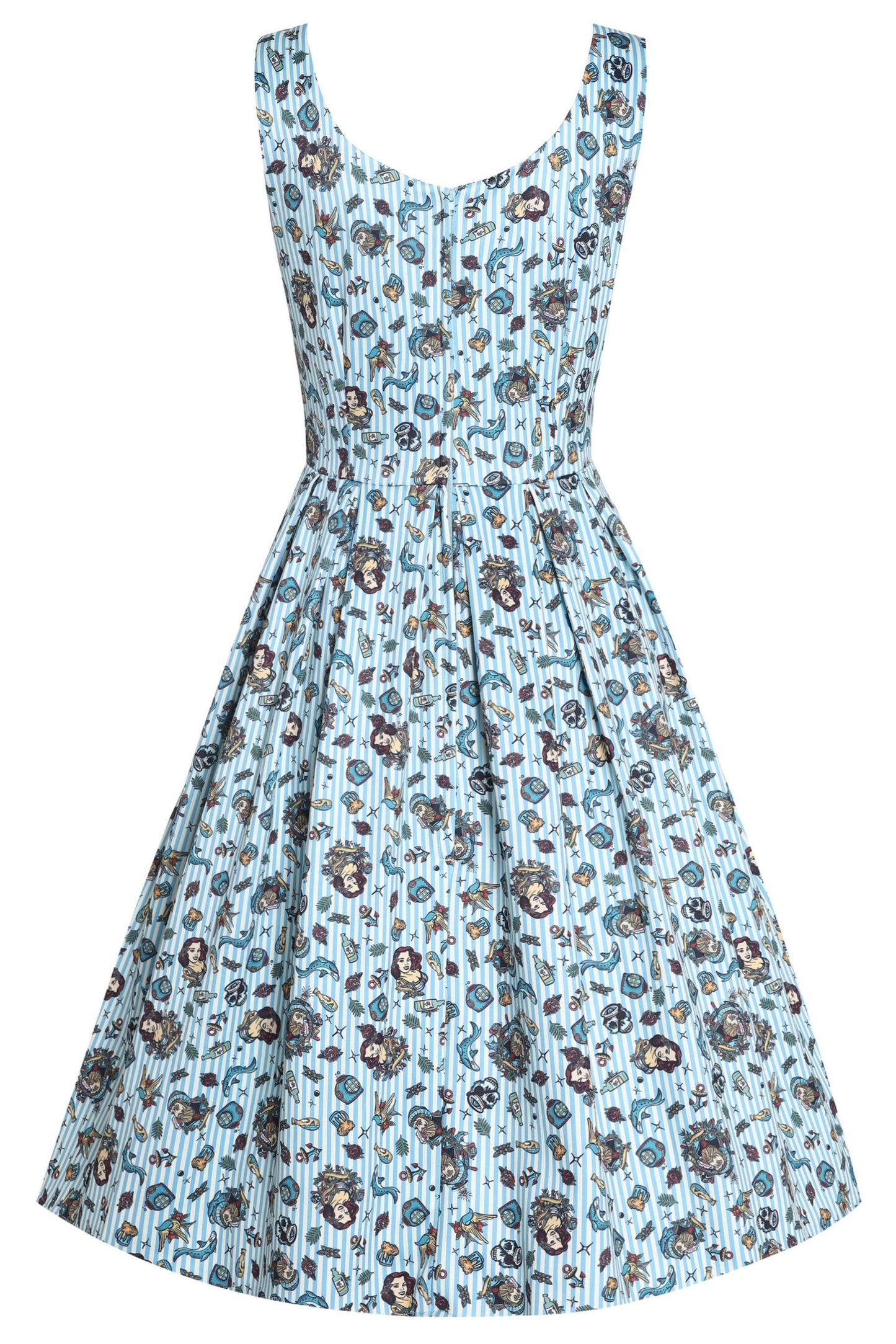 Amanda Blue Striped Flared Dress in Nautical Print
