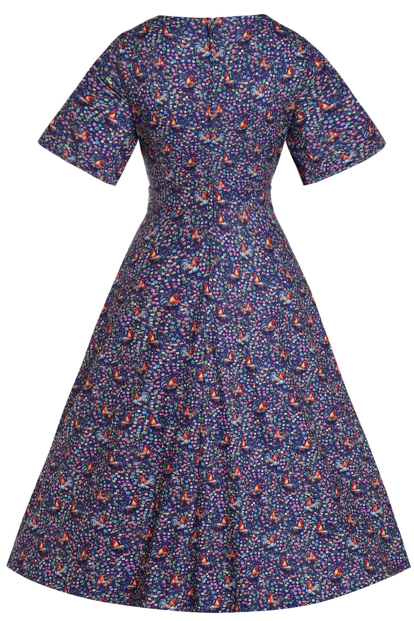 Janice Purple Sleeved Tea Dress in Rooster Floral Print
