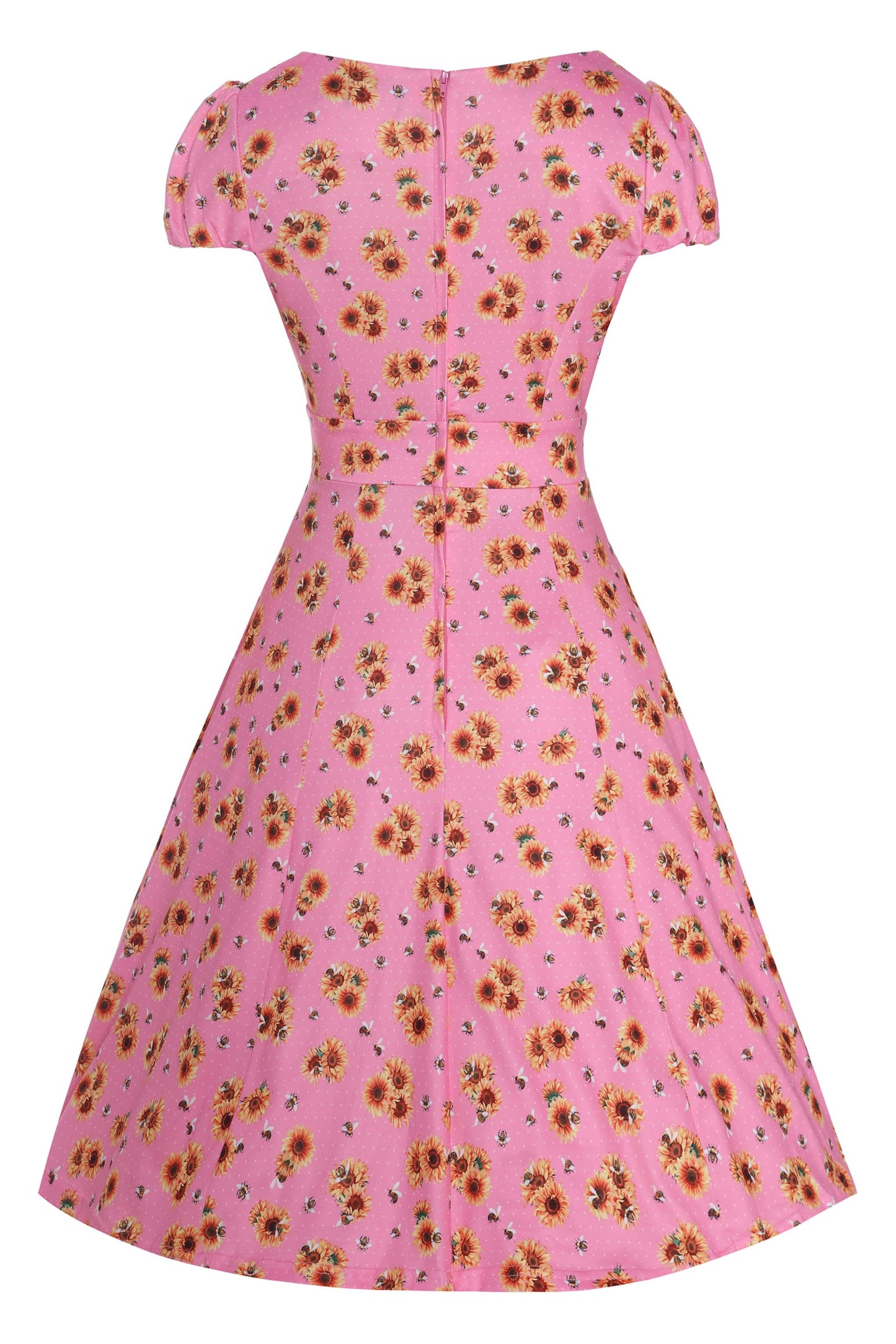 Claudia Pink Cap Sleeved Dress with Sunflowers & Bees