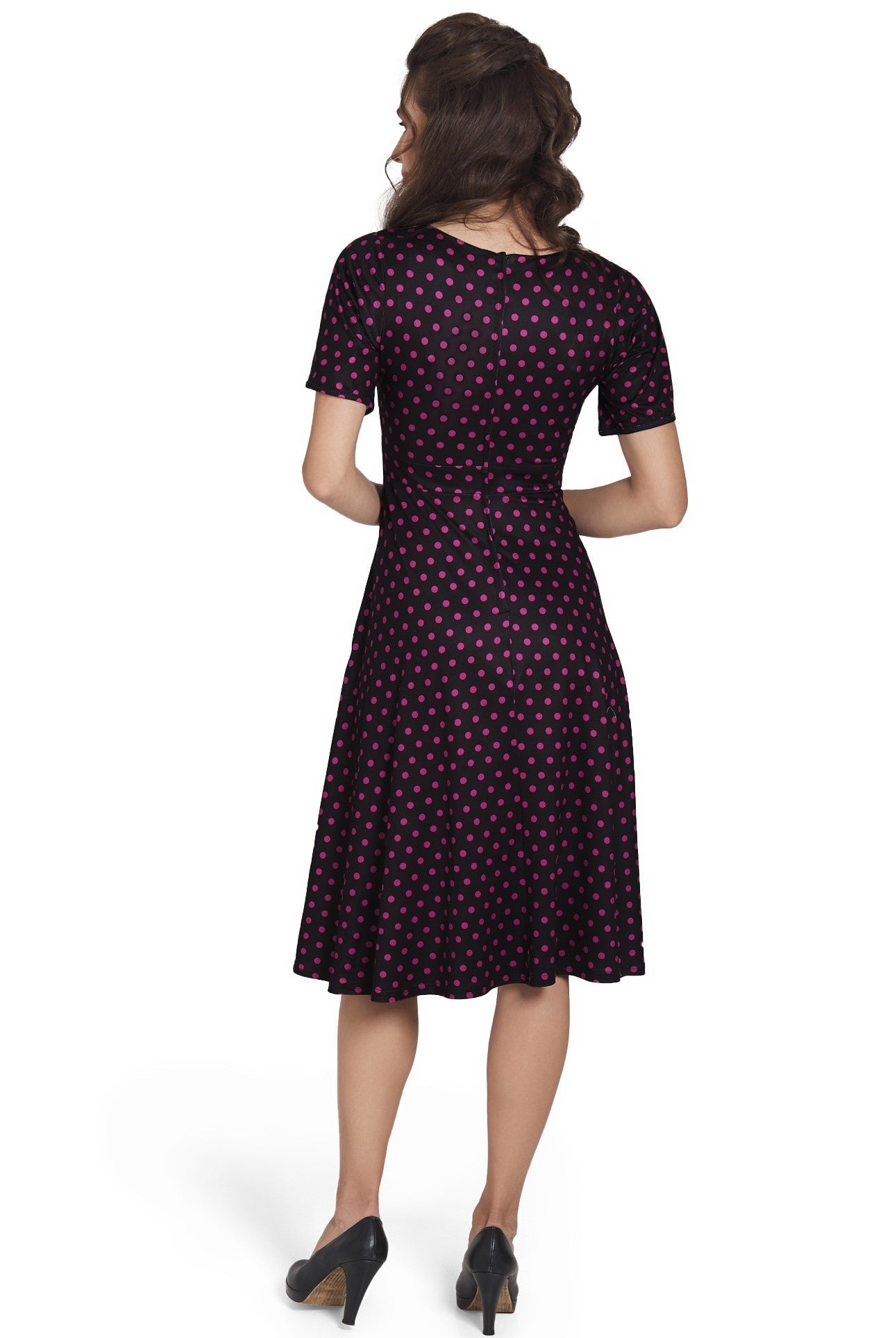 Janice Sleeved Flared Tea Dress in Black Polka Dot Print