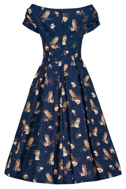 Lily Off Shoulder Navy Owl Swing Dress
