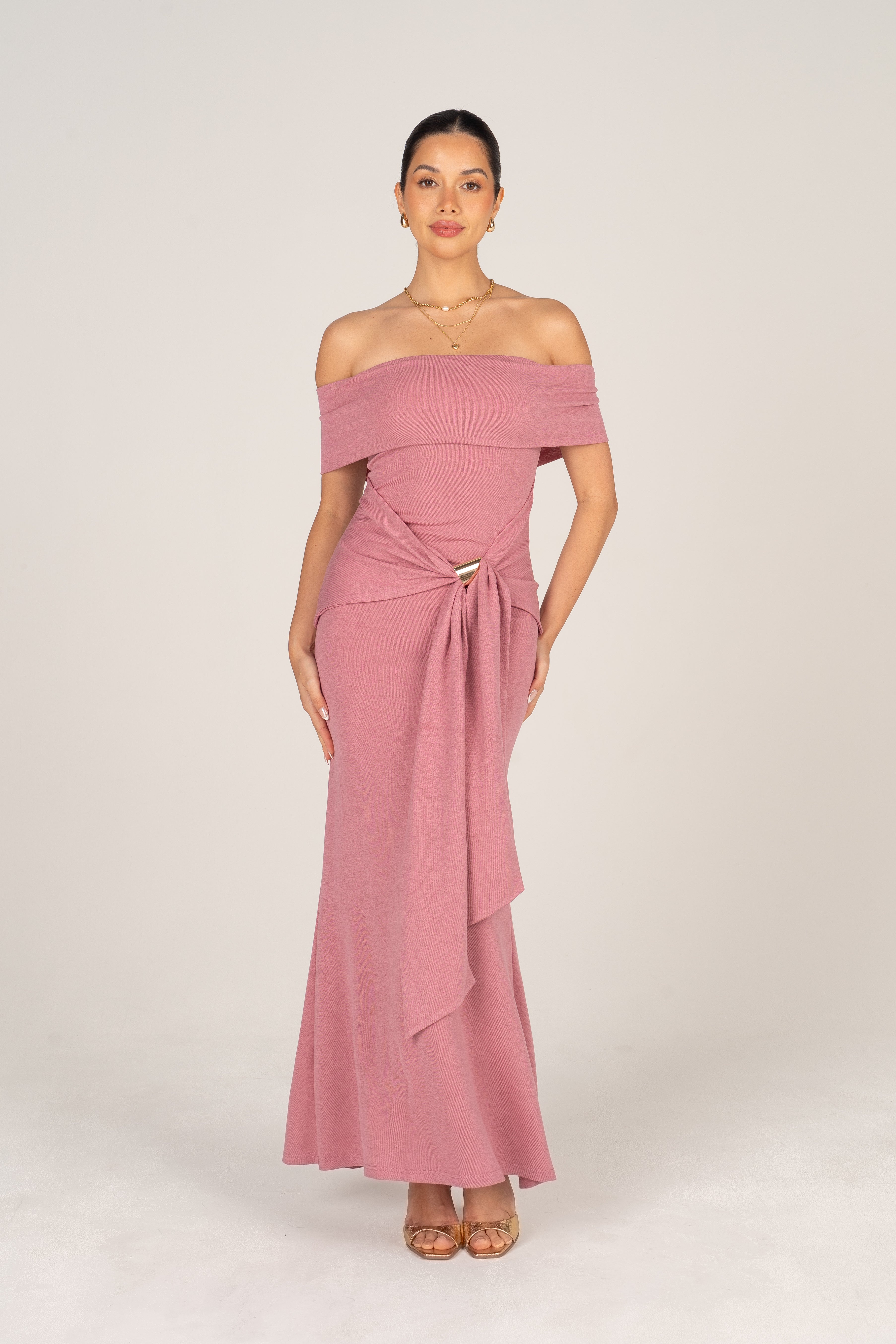Bronwyn Off-Shoulder Dusty Pink Maxi Dress