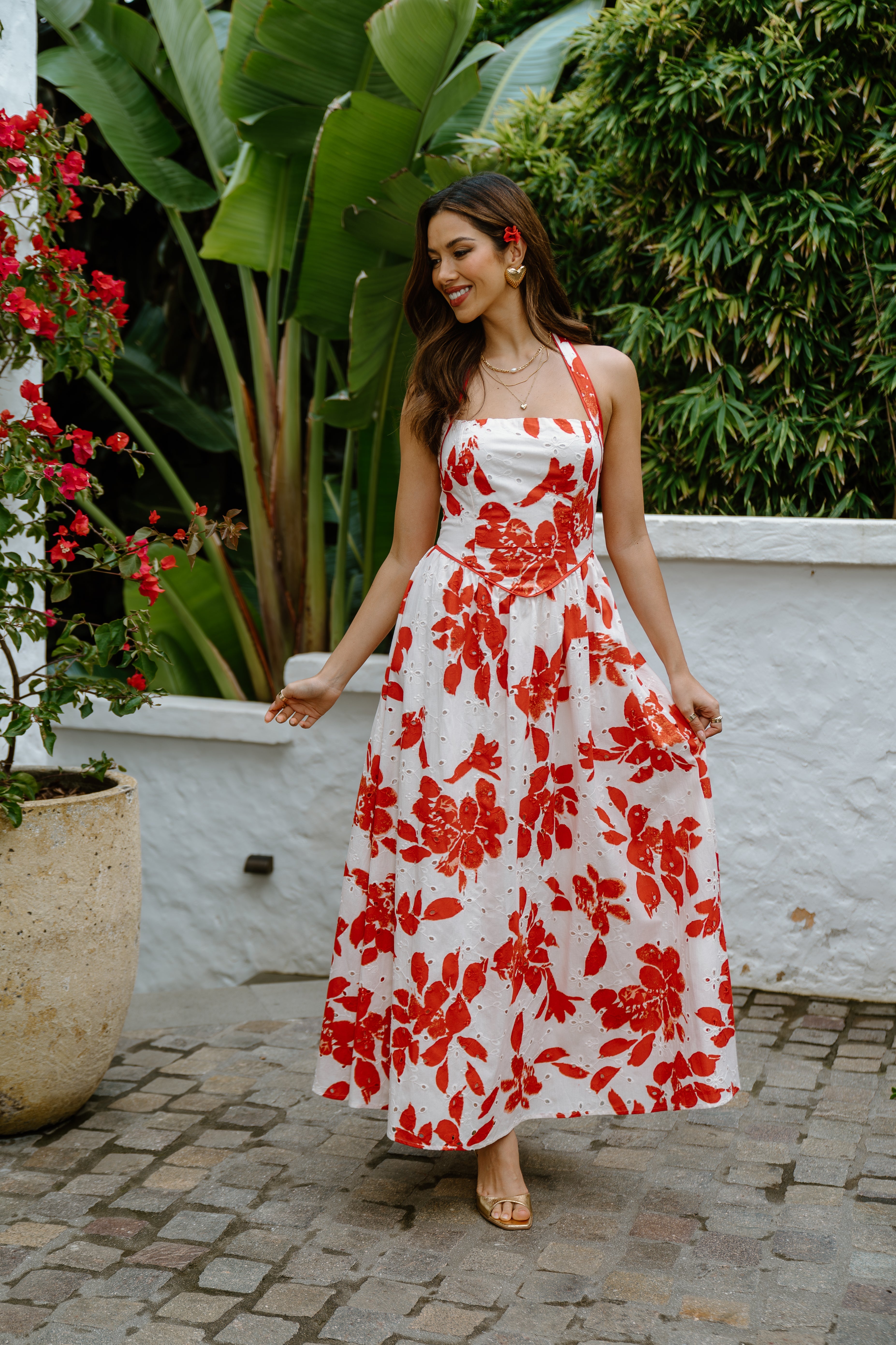 Cassie Red Floral Halter Neck Maxi Dress