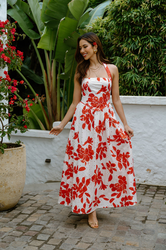 Cassie Red Floral Halter Neck Maxi Dress