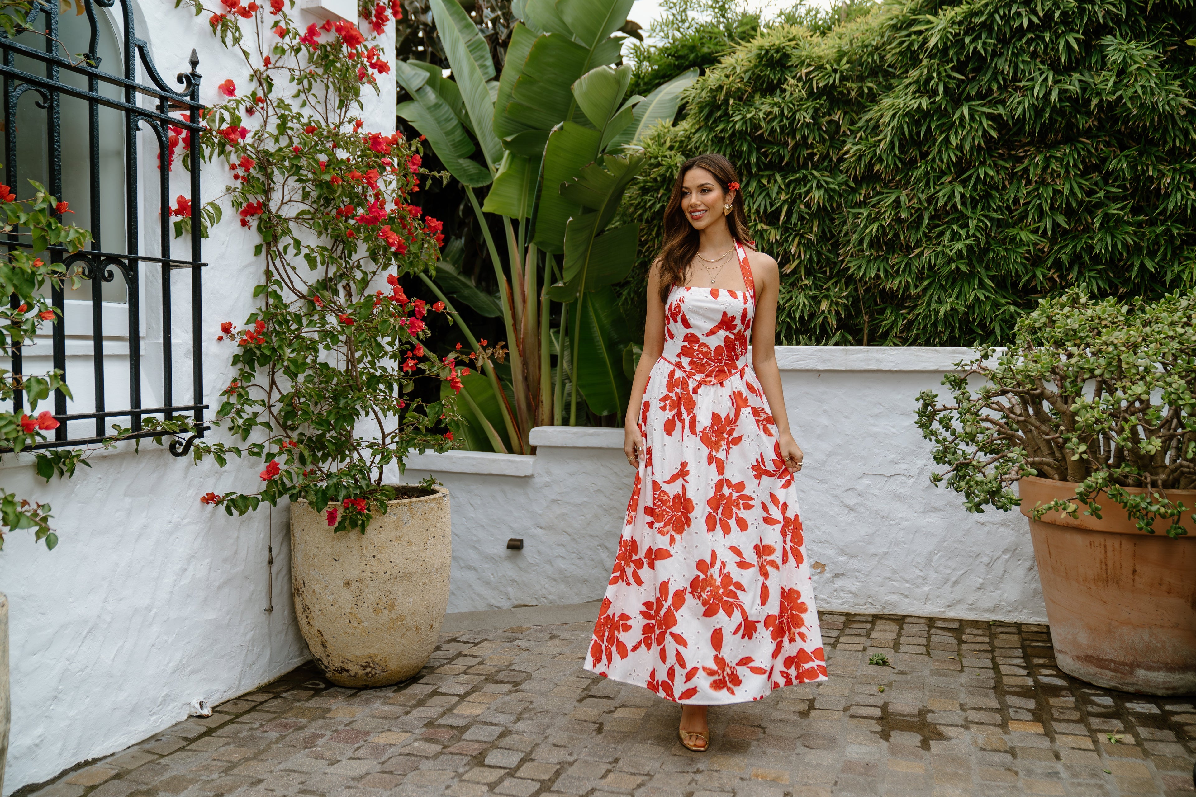 Cassie Red Floral Halter Neck Maxi Dress