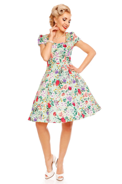 Claudia Flirty Fifties Swing Floral Dress in Green