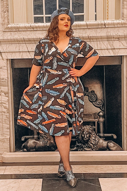 Matilda Classic Car Print Knit Wrap Dress in Black