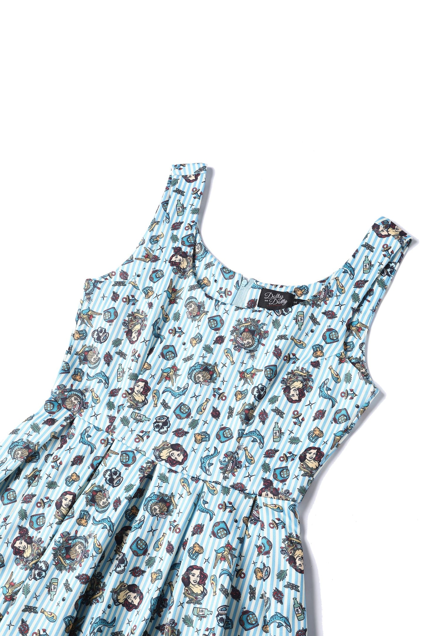 Amanda Blue Striped Flared Dress in Nautical Print