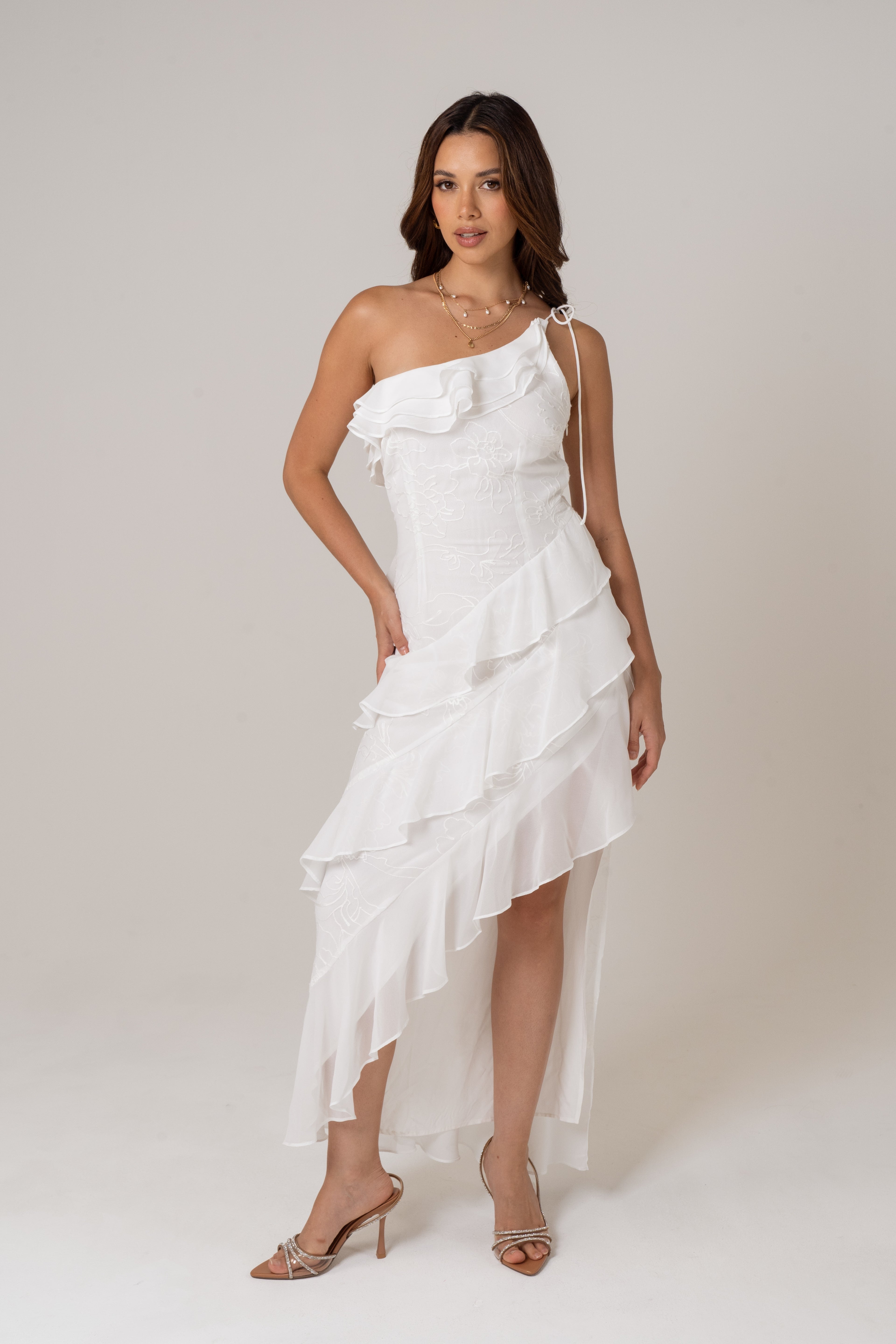 Lenora One Shoulder Midi Dress with Ruffles