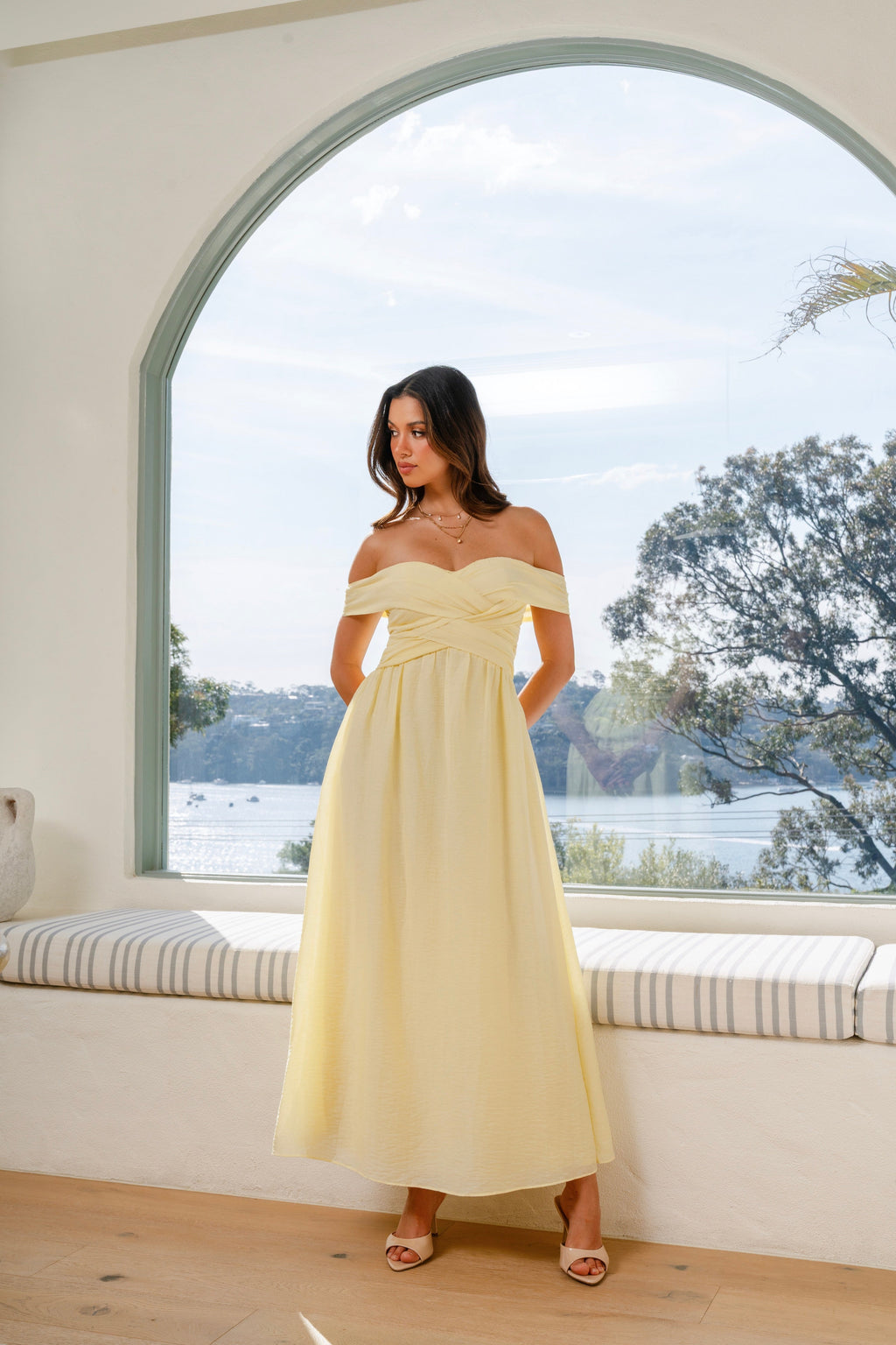 Denise Yellow Off-Shoulder Woven Pleat Maxi Dress