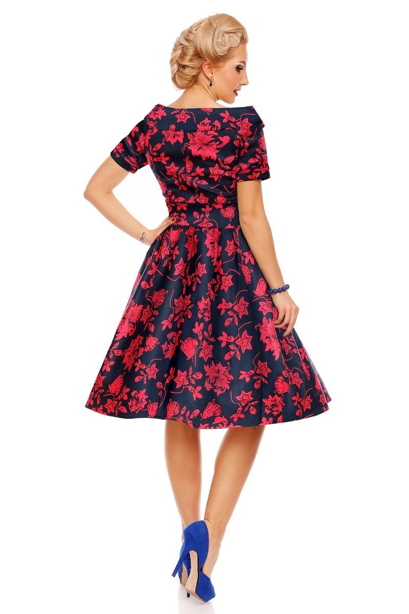 Darlene Floral Roses Swing Dress in Blue-Red