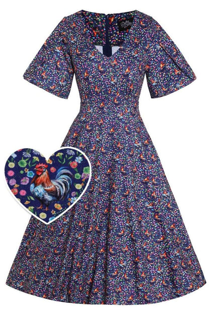 Janice Purple Sleeved Tea Dress in Rooster Floral Print