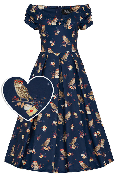 Lily Off Shoulder Navy Owl Swing Dress