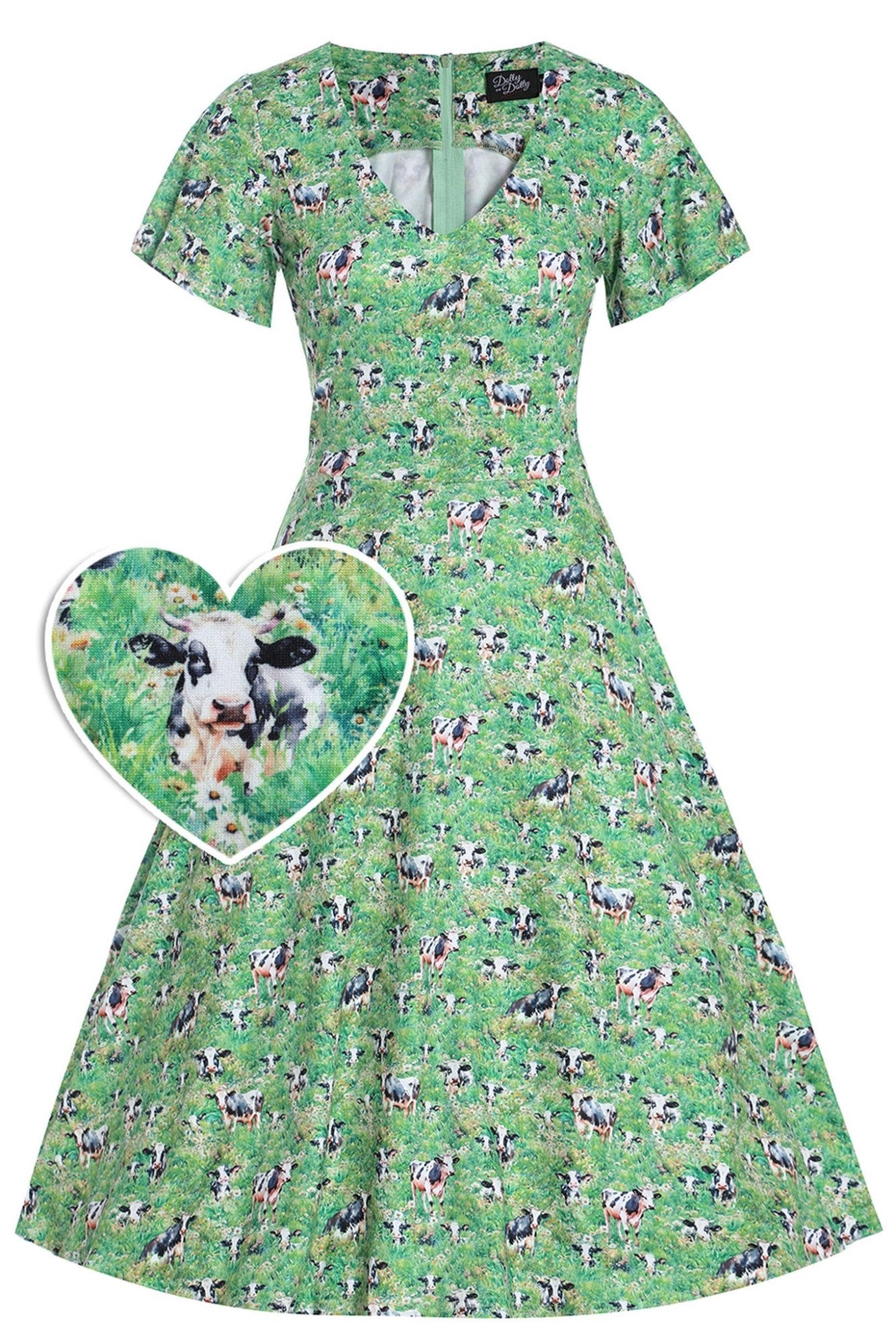 Palma Short Sleeved Tea Dress in Green Cow Field Print
