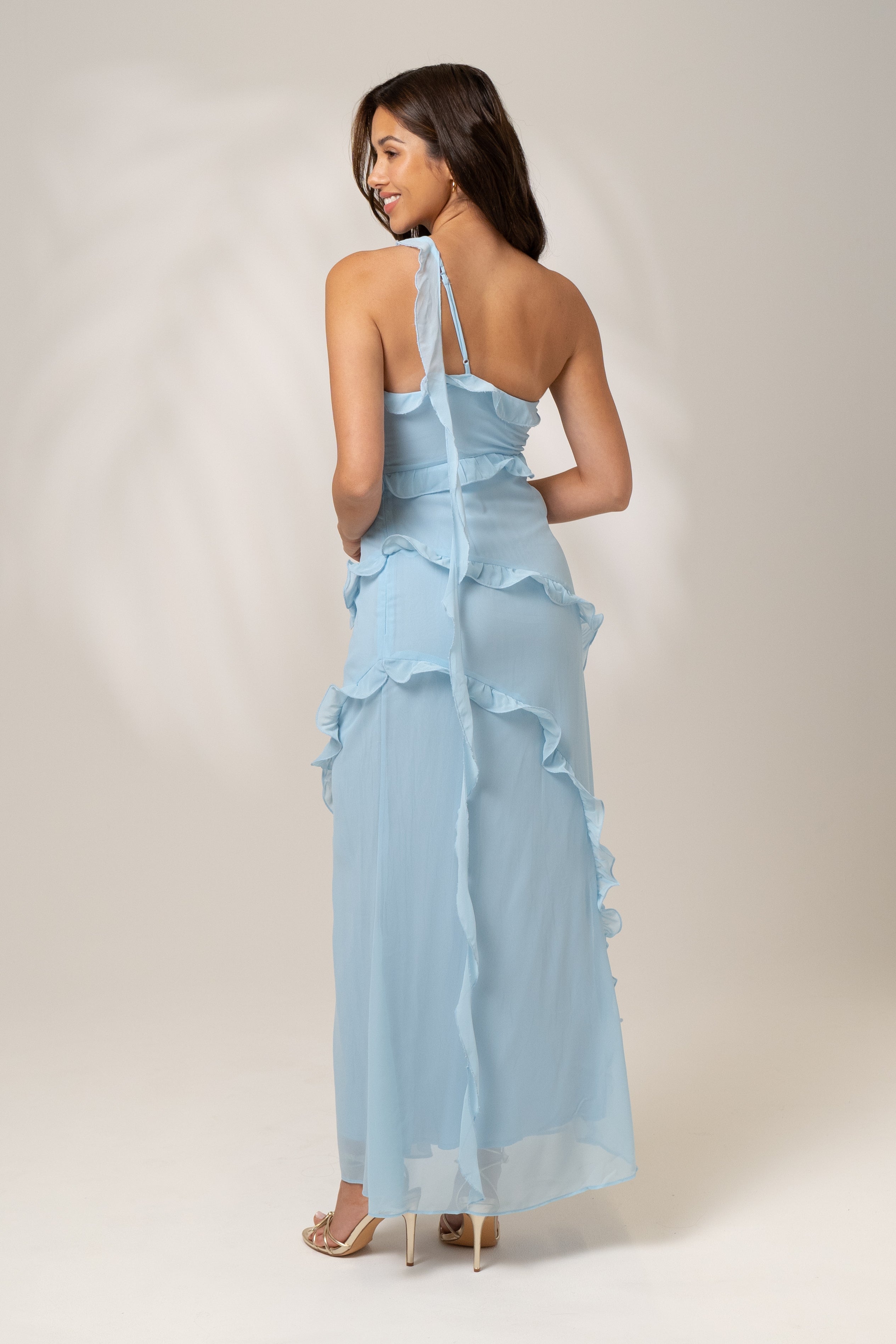 Giselle One Shoulder Blue Ruffle Cocktail Dress