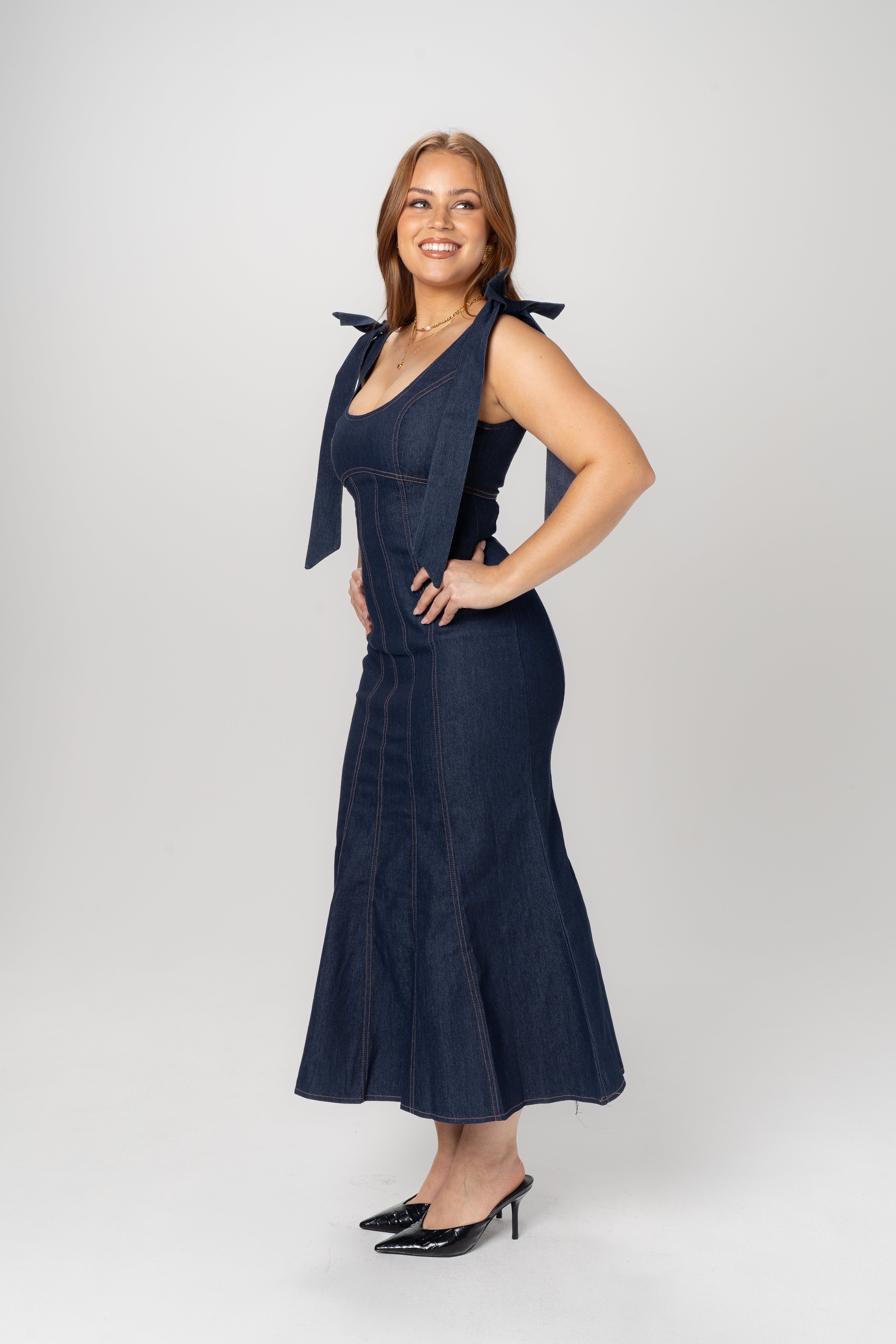 Betty Denim Bow Strap Maxi Dress