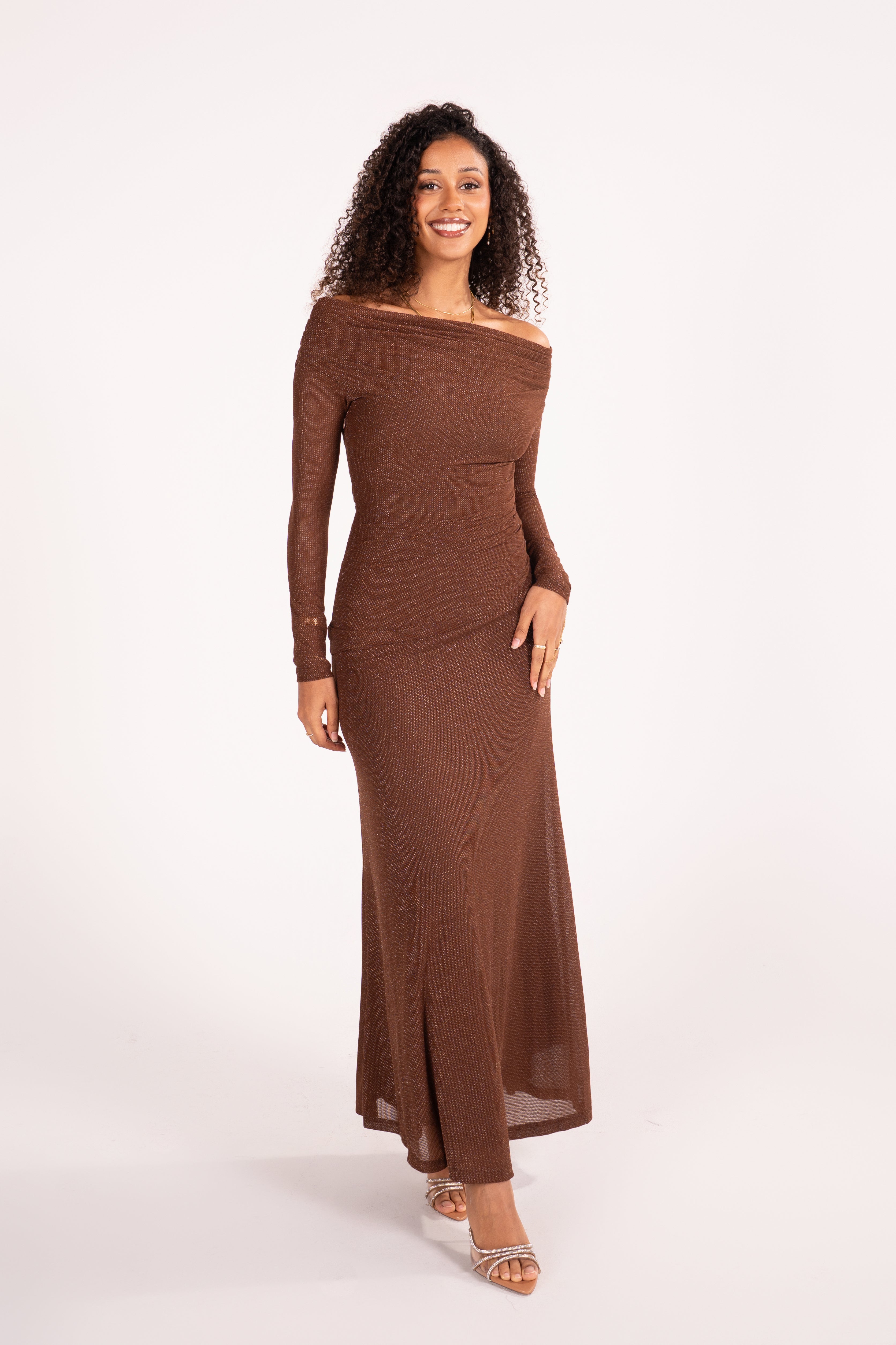 Irina Brown Shimmer Off Shoulder Maxi Dress with Sheer Long Sleeves