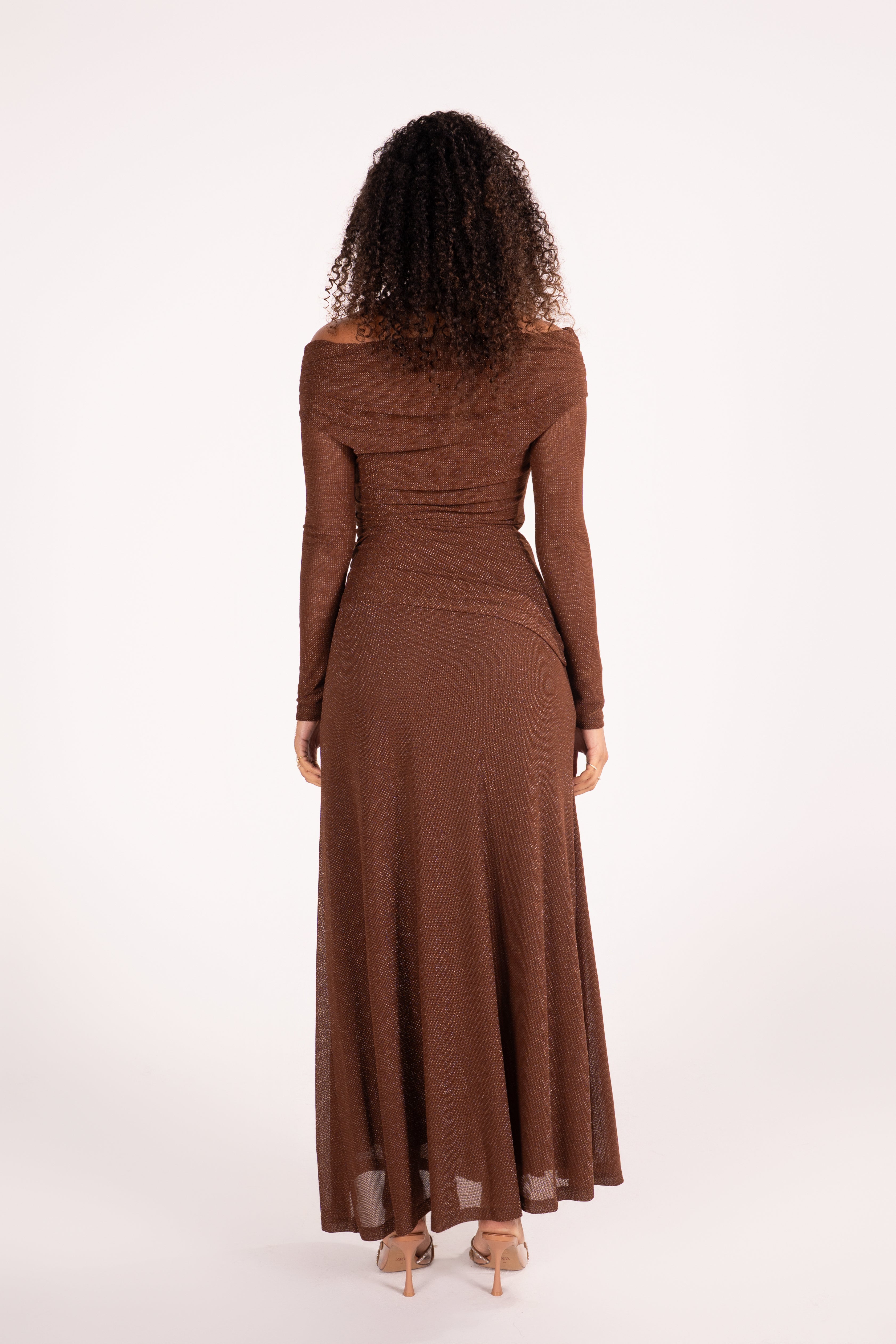 Irina Brown Shimmer Off Shoulder Maxi Dress with Sheer Long Sleeves