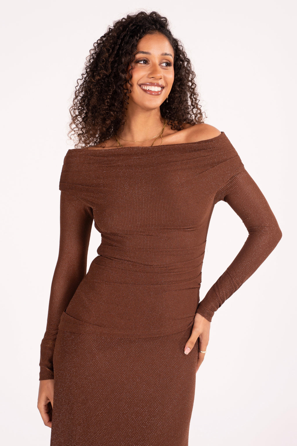 Irina Brown Shimmer Off Shoulder Maxi Dress with Sheer Long Sleeves