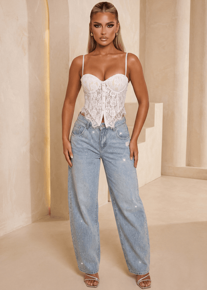 End Of An Era Lace Trim Barrel Denim Jeans - Blue