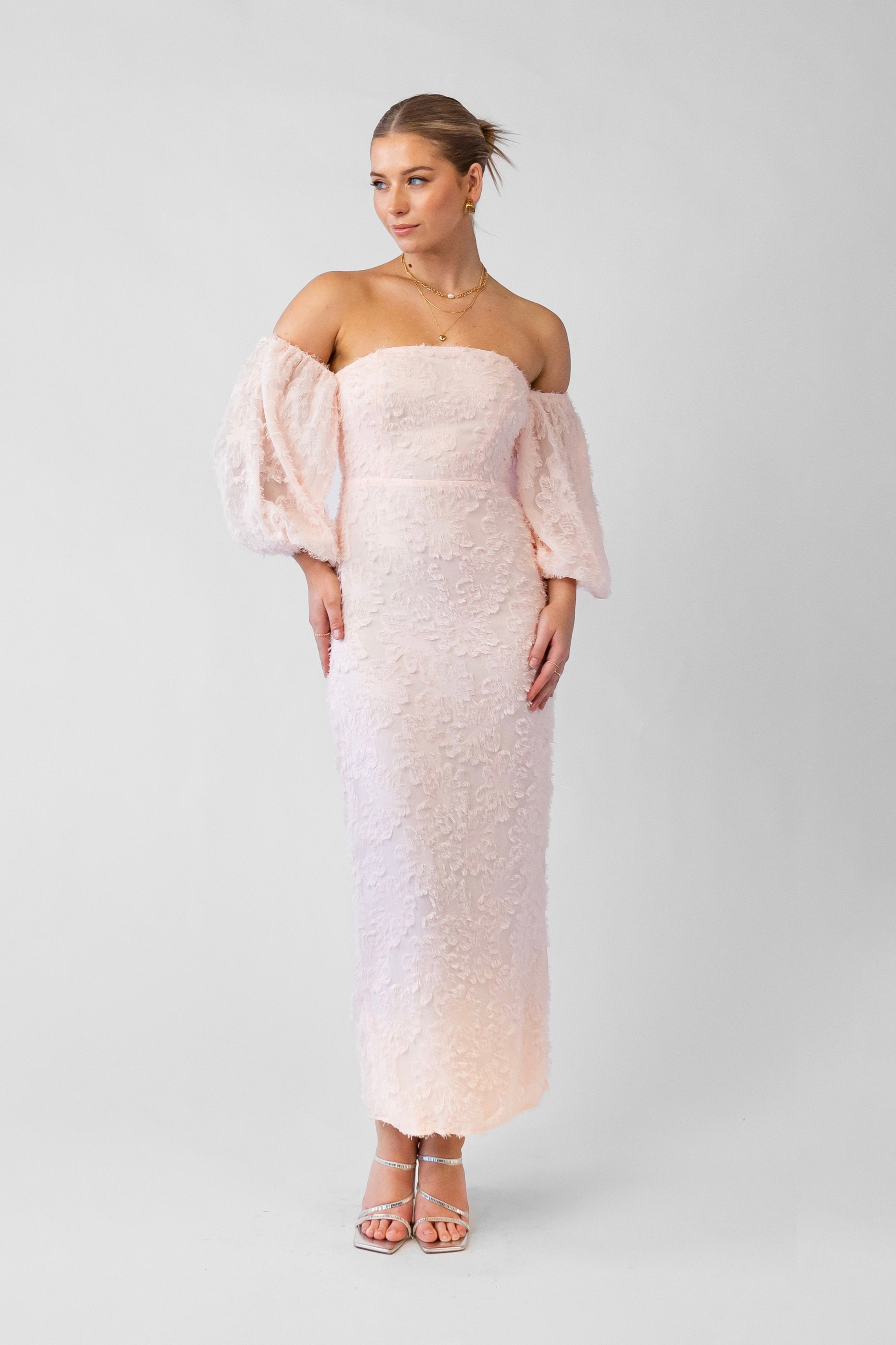 Kylie Off-Shoulder Blush Midi Dress with Puffed Sleeves
