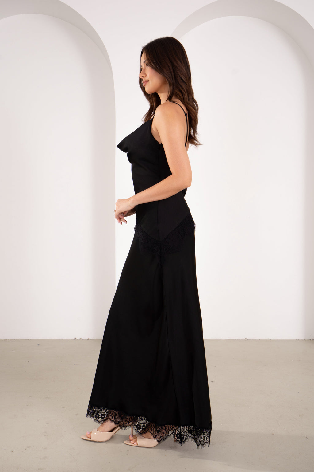 Nerisse Black Cowl Slip Dress with Lace Trims