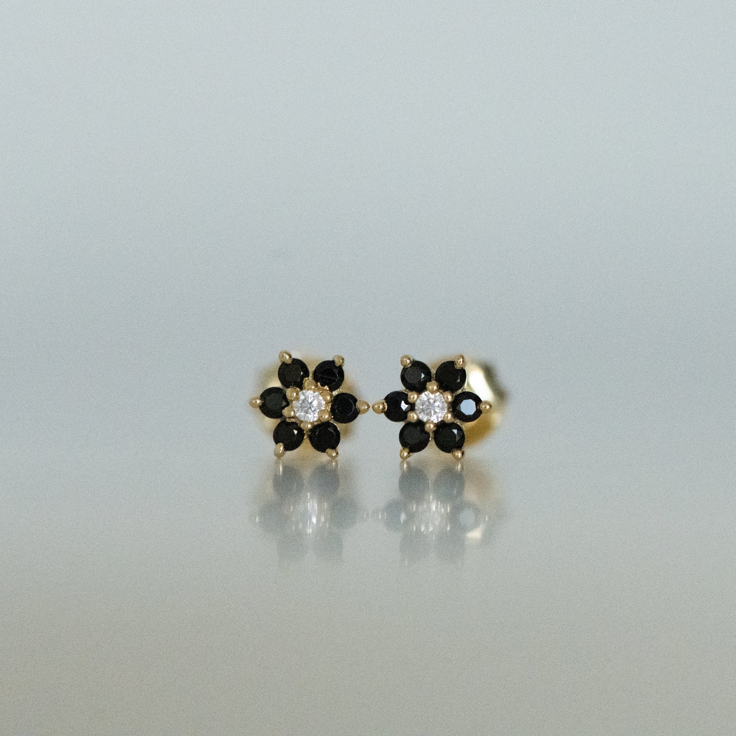 Black Flower Stud w/ CZ Center Stone