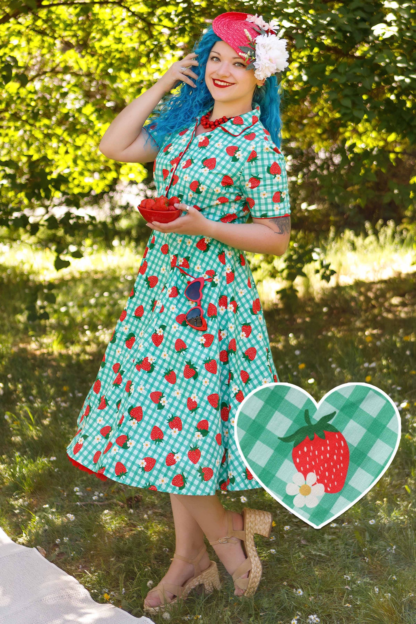 Mabel Strawberry Gingham Midi Shirt Dress